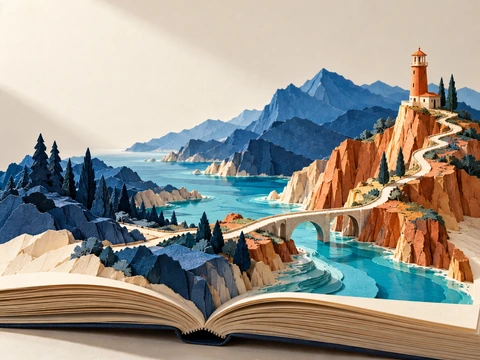 Объёмная иллюстрация для обложки: из раскрытой книги вырастает бумажный пейзаж с рекой, мостом и башней